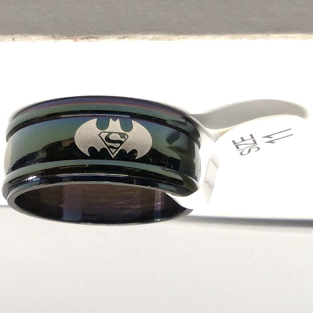 NWT DC Comics Batman Superman Band Ring Mens Size 11 Black Logo Fathers Day Gift